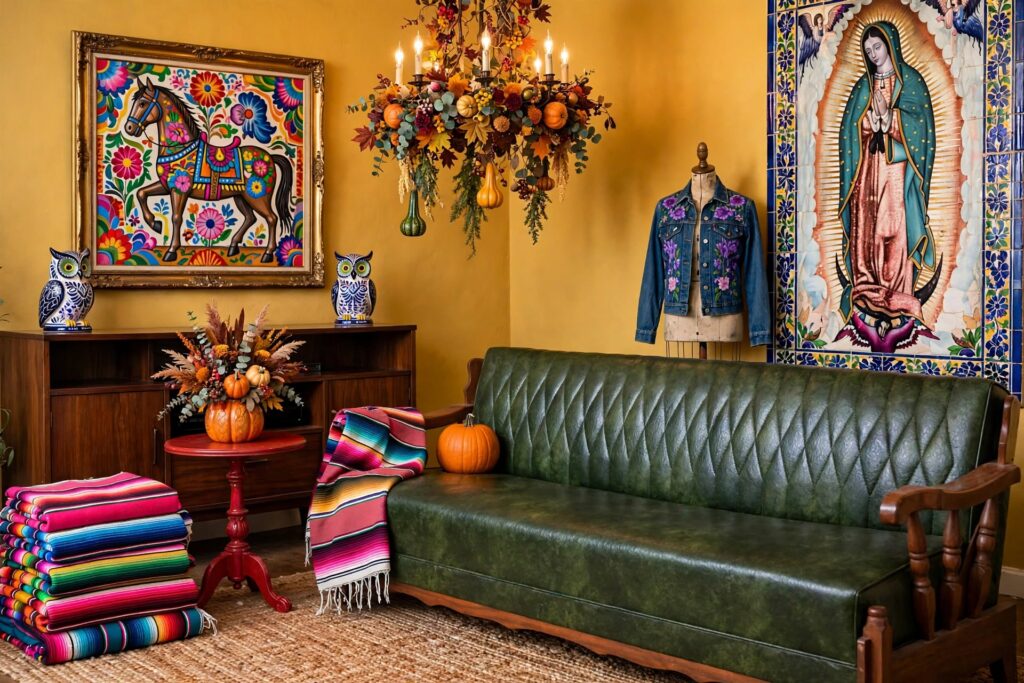 Fall, thanksgiving, couch, credenza, table, serapes, pumpkins, chandelier, floral ornaments, goodmorning956