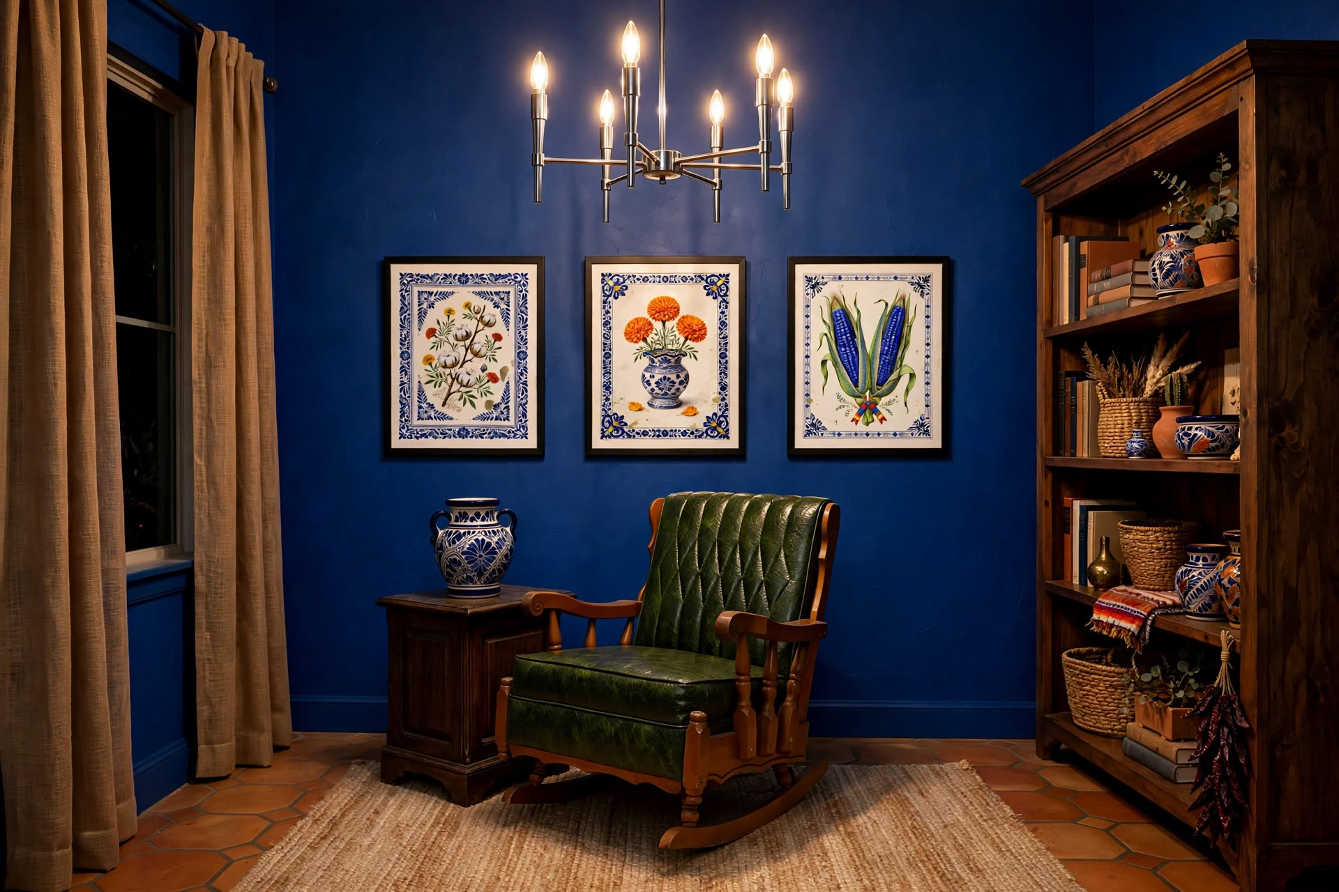 Modern 5-Arm Sputnik Chandelier Sputnik mid century modern chandelier 1950s in cobalt blue room with talavera ornaments