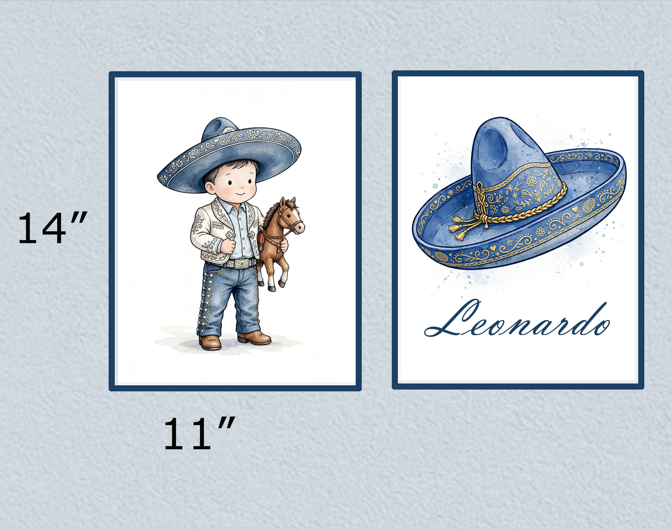 Charrito set of 2 prints Sombrero and Charro Blue McAllen TX personalized with name