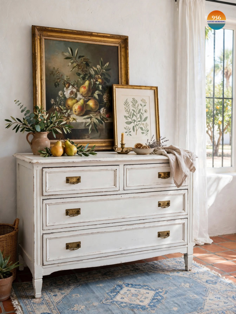 French Country Vignette Good Morning 956 Mission TX Dresser Artwork Rug