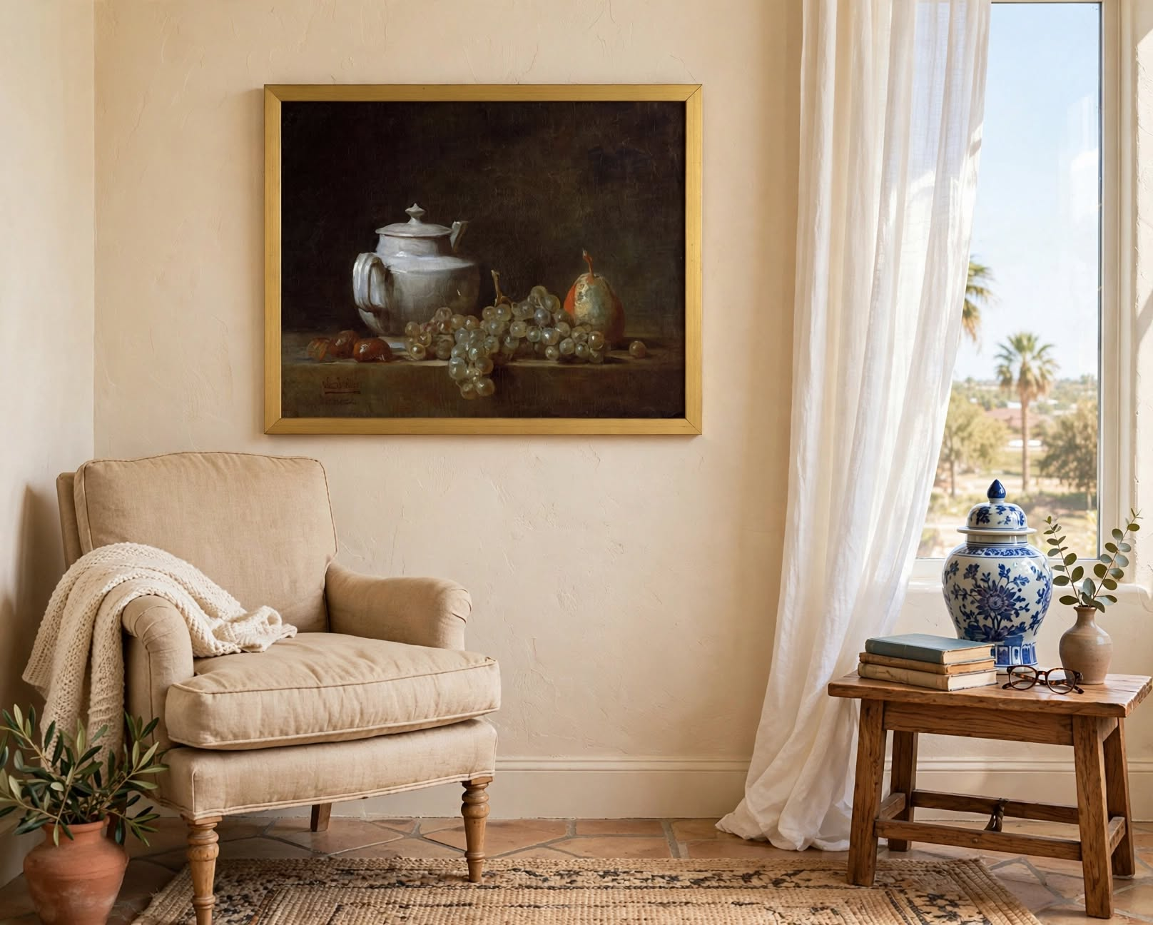 French Country Art Framed in McAllen Jean_Simeon_Chardin_-_Still_Life_with_Teapot_Grapes_Chestnuts_and_a_Pear_- medium